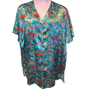 Vintage 90s Lane Bryant Intimates Women Teal Floral Satin Nightgown Sz 18/20